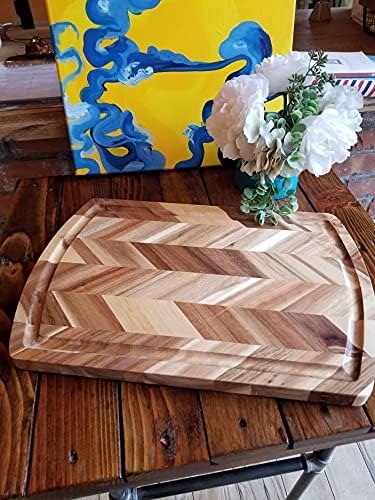 Acacia Rect. Herringbone design Chopping board, side grooves, deep well, 18X12X1”