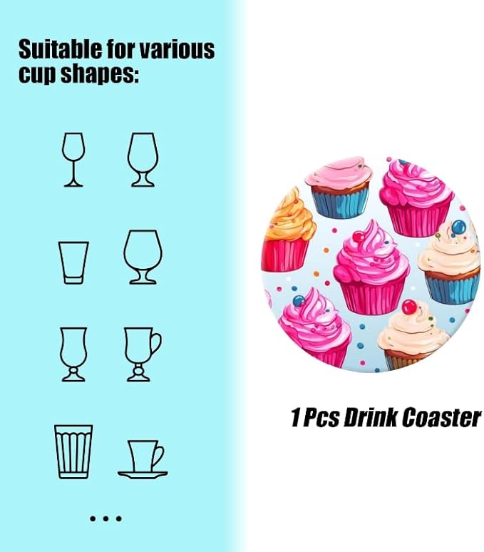 Ceramic Stone Coasters for Drinks Set of 1, Cupcakes Cute Round Absorbent Cup Coasters Protection for Coffee Table Kitchen Counter Decor (4 * 4 Inch)