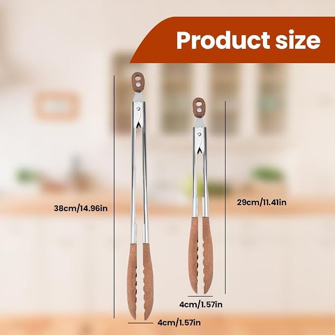 Walnut Wooden Kitchen Cooking Tongs with Hanging Hole and Wooden Tips, Heat Resistant, Anti-Slip, for Serving Food, Grilling, Cooking, BBQ and Tossing Salad, Stainless Steel, 12 Inch