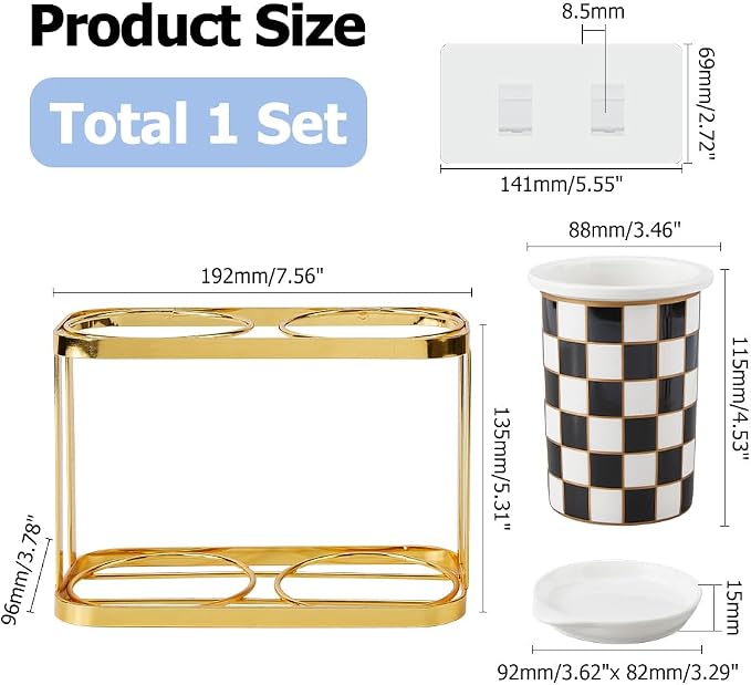 Ceramic Utensil Crock Set Ceramic Utensil Holder Black White Checkerboard Kitchen Countertop Organizer with Gold Stand for Countertop Coffee Bar Kitchen Decor and Accessories