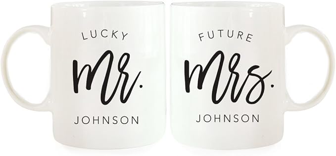Andaz Press Personalized Name 11oz. Ceramic Ceramic Valentines Day Coffee Mugs Wedding Anniversary Couples Gift Set, Lucky Mr. Johnson, Future Mrs. Johnson, Script Style, 2-Pack, Long Distance Gift