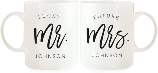 Andaz Press Personalized Name 11oz. Ceramic Ceramic Valentines Day Coffee Mugs Wedding Anniversary Couples Gift Set, Lucky Mr. Johnson, Future Mrs. Johnson, Script Style, 2-Pack, Long Distance Gift