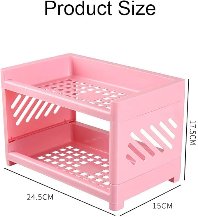 2 Tier Plastic Countertop Shelf Organizer Storage Rack, Multifunction Pantry Storage Organizer Kitchen Spice Rack Bathroom Shelf Organizer Tabletop Shelf Organizer (Pink)
