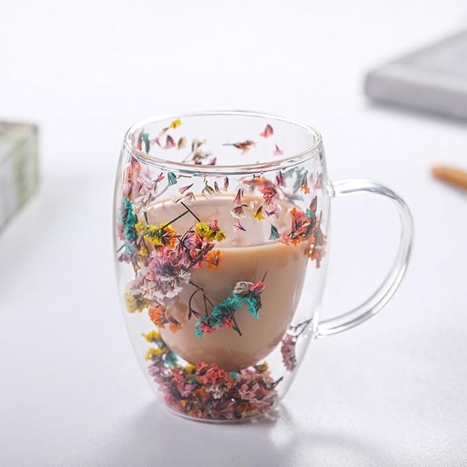 Myhiju Flower Double Wall Clear Glass Coffee Mugs Creative Clear Glass Cups with Handle Flowers Double Insulated Glass Cup for Hot Cold Beverages Cappuccino Latte, Espresso Juice Glass Coffee Cups
