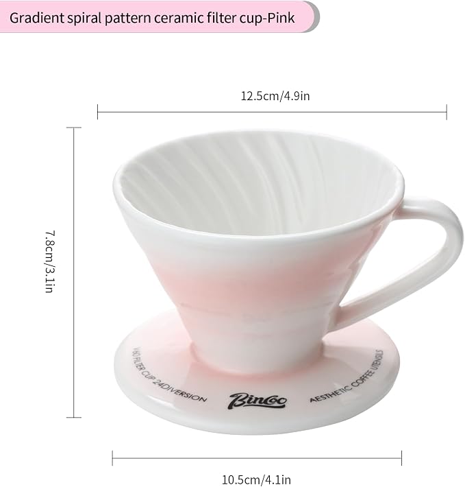 Bincoo Pour Over Coffee Maker & Dripper with Handle and Saucer, Origami-Style Ceramic Pour Over Coffee Filter, Reusable Porcelain Coffee Brewer Compatible with Standard Coffee Filter Papers（Pink）