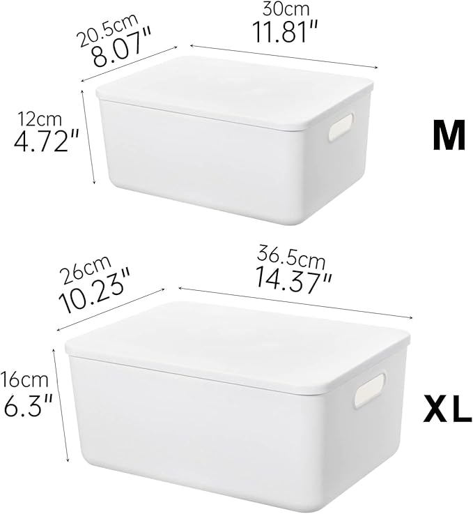 Ytteve 6 Pack White Stackable Plastic Storage Bins with Lids & Handles, Durable - 4 Large (14.4"x10.2"x6.3") & 2 Medium (11.8"x8"x4.7"), Multi-size for Closet, Shelves, Drawers, Home & Office