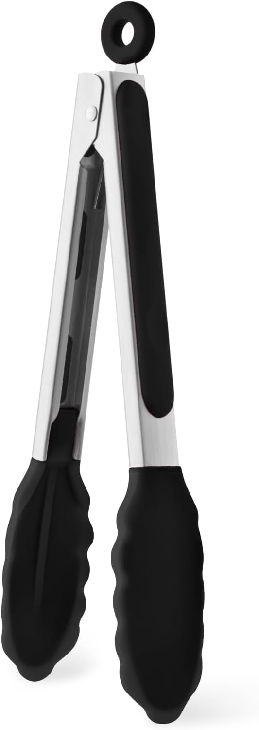 600℉ Heat Resistant Kitchen Tongs for Cooking with Silicone Tips,Maywe Tanso 9-Inch Stainless Steel Locking Cooking Tongs Food Tongs for BBQ,Cooking,Salad and Serving Food,Heavy Duty,Non-Stick(Black)