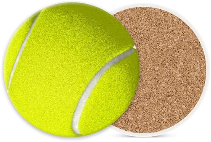 Round Ceramic Stone Cork Drink Coasters, Tennis Ball with White Line Absorbent Removable Non-Slip Cup Mat Place for Kitchen Counter Drinks Coffee Cup Tableware Set of 1 (4 * 4 Inch)