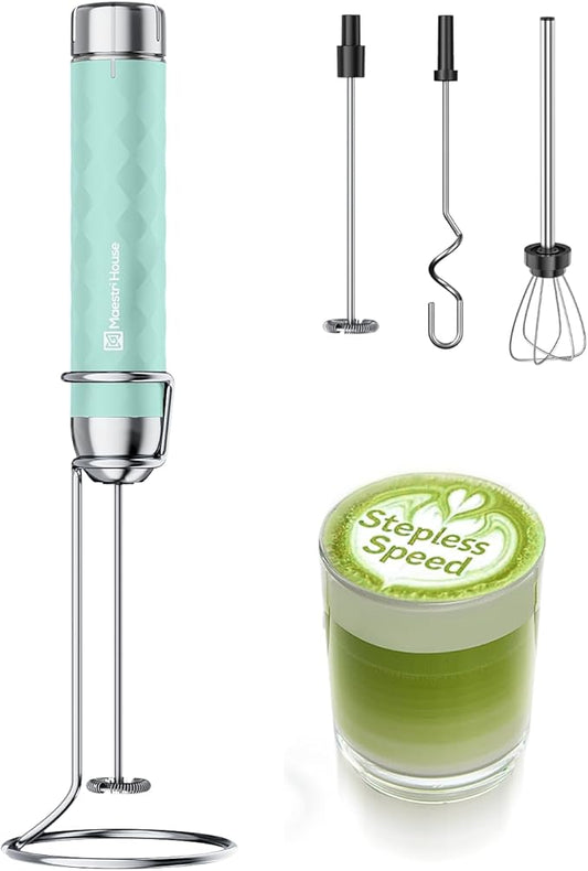Maestri House Rechargeable Milk Frother with Stepless Speed Control, LunaFro 2.0 Frother Handheld Electric Wand with 3 Whisks,Drink Mixer for Lattes, Cappuccino, Matcha, Protein Powder, Eggs