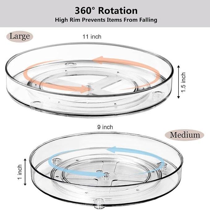 Amolliar Lazy Susan Turntable Organizer, 9"+11" 4 Pack, Rotating Tray for Kitchen, Fridge, Pantry Organizer Storage, Cabinet, Closet, Bathroom Vanity Makeup, Condiment Spice Rack, Under Sink Organizer