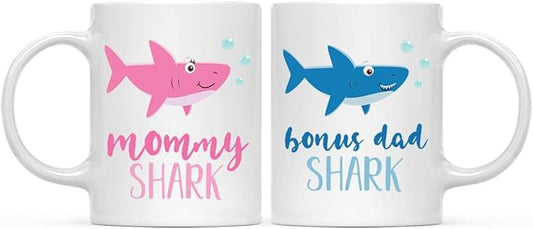 Andaz Press Baby Shark Family 11oz. Coffee Mug Gift Set, Mommy Shark, Bonus Dad Shark, 2-Pack, Shark Do Do Do Gift Idea Birthday Christmas Gifts for Step Dad Mother's Father's Day