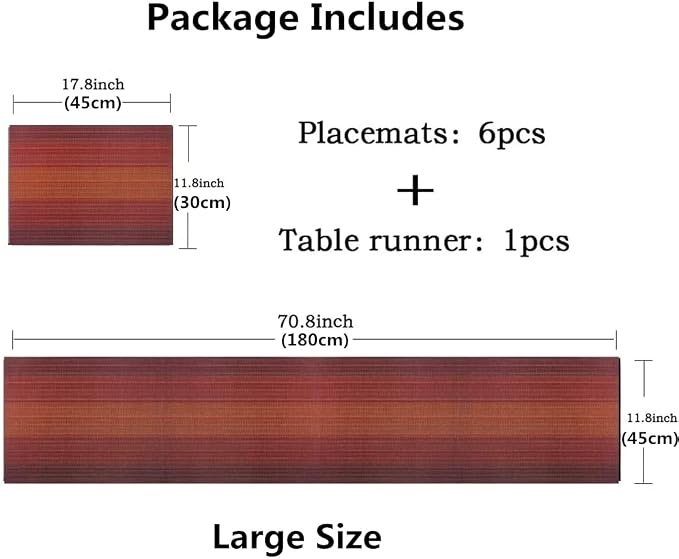 Placemats, Washable PVC Table Mats, Woven Vinyl Placemat for Dining Table Place Mats Set (6 placemats and 1 Table Runner, Wine Red)