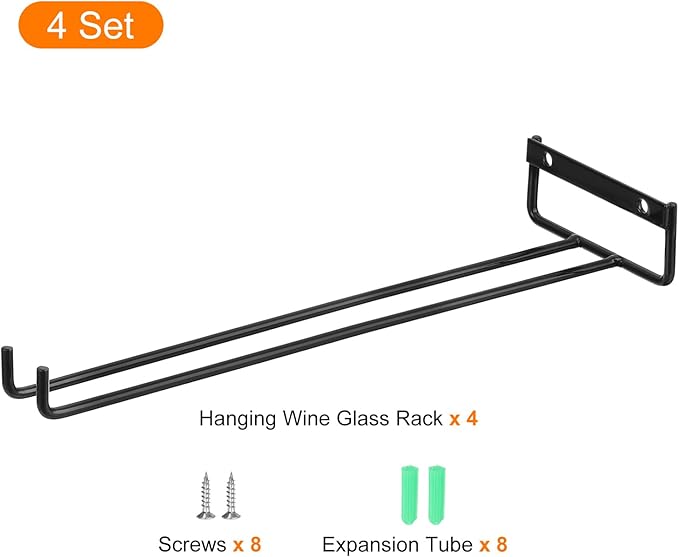 uxcell 4Pcs Wine Glass Rack, 11.81 Inch Iron Wine Glasses Rack Under Cabinet Stemware Rack - Wall Mountable Wine Glass Holder Storage Hanger for Bars Coffee Restaurants Kitchens, Black
