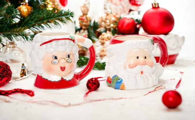 Fine Ceramic Christmas Holidays Mr. & Mrs. Santa Claus Mugs Set of 2 (2 Pieces Set), 5-3/4' L, White, Grey, Red