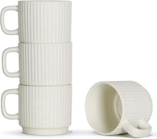 Stackable Coffee Mugs Set of 4, 7 OZ Espresso Ceramics Cups for Latte Cappuccino Cocoa with Handle, Beige