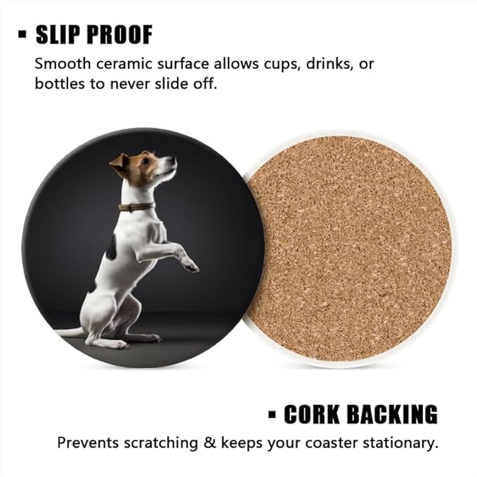 Ceramic Stone Coasters for Drinks Set of 1, White and Brown Jack Russell Terrier Dog Round Absorbent Cup Coasters Protection for Coffee Table Kitchen Counter Decor (4 * 4 Inch)