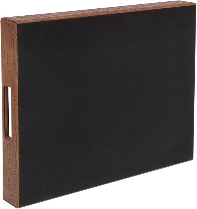 HofferRuffer Rectangle Serving Tray with Hole Handles for Coffee Table, Breakfast, Tea, Food, Butler - Countertop, Kitchen, Vanity Serve Tray, 16.2 x 12.2 x 2 inches, Faux Leather (Antique Brown)
