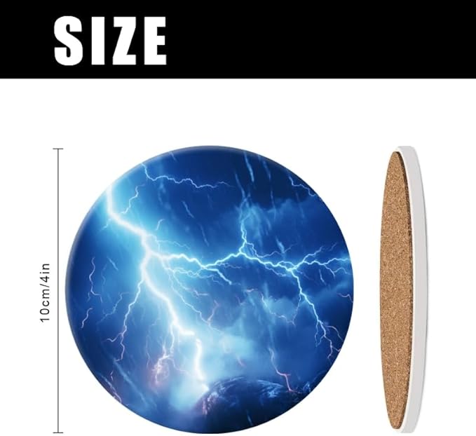 Ceramic Stone Cork Coasters for Drinks Tableware, Dark Blue Sky with Lightning Striking Earth Round Absorbent Durable Aesthetic Art Cup Mat Protects Tables and Surfaces Set of 1 (4 * 4 Inch)