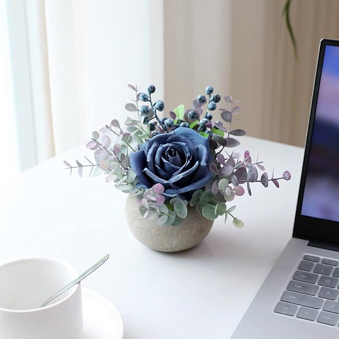 Small Artificial Blue Rose Potted Plant, 6" Fake Silk Flowers in 3.5" Round Pot, Mini Faux Floral Arrangement for Desk Shelf Bathroom Decor