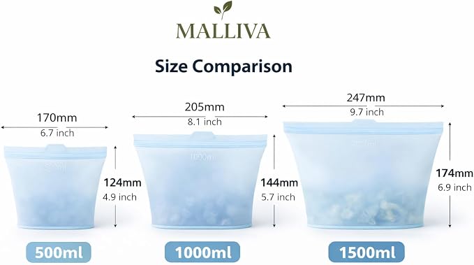 Reusable Silicone Food Storage Bags, 3 Pack (17oz, 34oz & 51oz), Stand Up Ziplock Bags for Meal Prep, Snacks & Sandwiches, Travel, BPA Free, Freezer, Microwave & Dishwasher Safe
