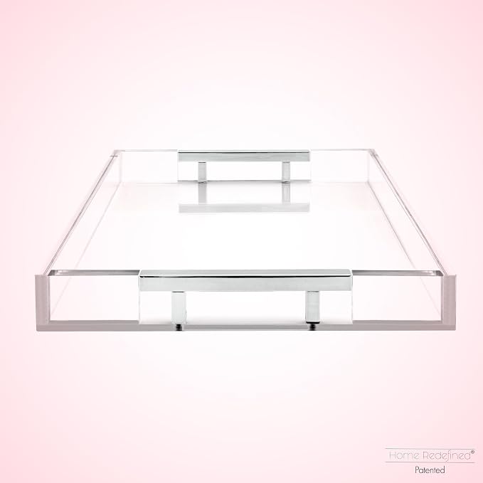 Modern 16"x12" Rectangle Acrylic Lucite Plastic Decorative Serving Tray with Silver Stainless Steel Metal Handles for Home Decor Ottoman Coffee Table Food Fruits Lap Vanity Perfume By Home Redefined