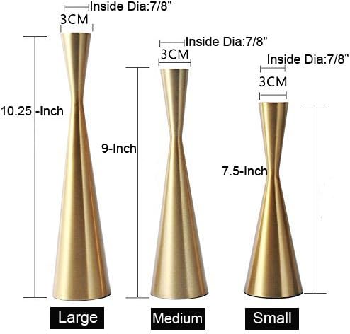 Set of 3 Brass Gold Metal Taper Candle Holders Candlestick Holders, Vintage & Modern Decorative Centerpiece Candlestick Holders for Table Mantel Wedding Housewarming (Brass Golden, S+M+L/Set)