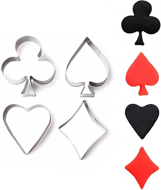4Pcs/Set SMALL SIZE Casino Playing Cards Suit Stainless Steel Cookie Cutters Poker Playing Bridge Fondant Cutters Set Cake Decorating Tool (Spade, Heart, Club and Diamond)