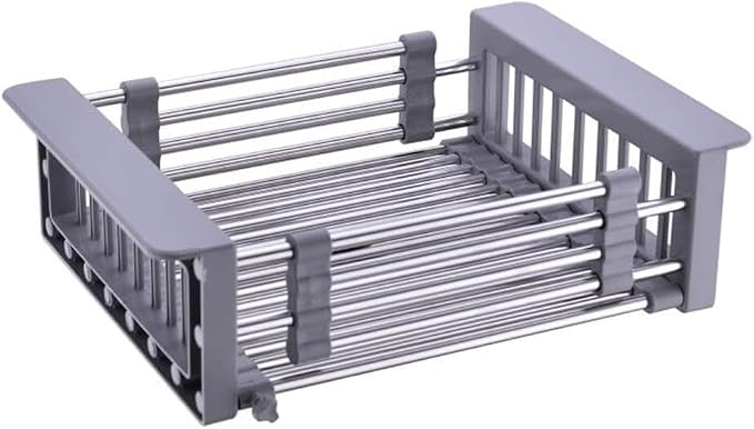 Expandable Dish Drying Rack Over The Sink, Stainless Steel Drainer Basket with Adjustable Arms for Dishes, Vegetable and Fruit (Grey)