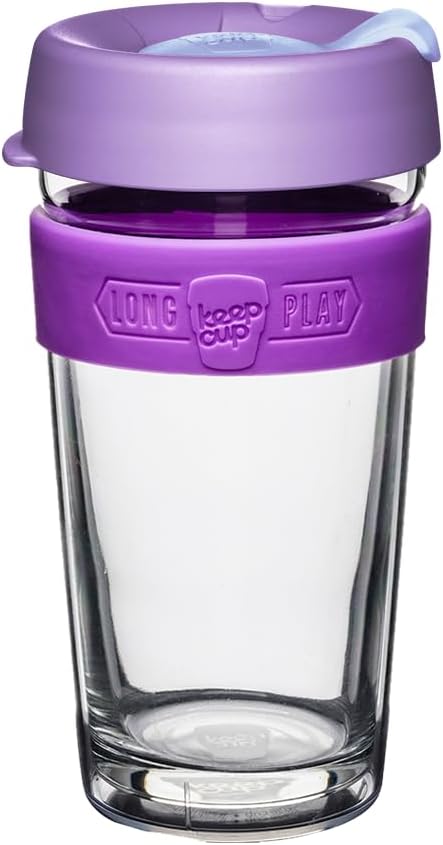 KeepCup Longplay - Reusable Coffee Cup, Double Wall Glass with Removable sleeve and splashproof sipper lid - 16oz/454ml - Helio