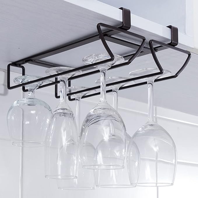 Hanging Wine Glass Holder Rack with 2 Rows, Nails-Free Under Cabinet Stemware Rack, Holds up to 8 Glasses, Glasses Storage Hanger for Home Kitchen Décor-Iron