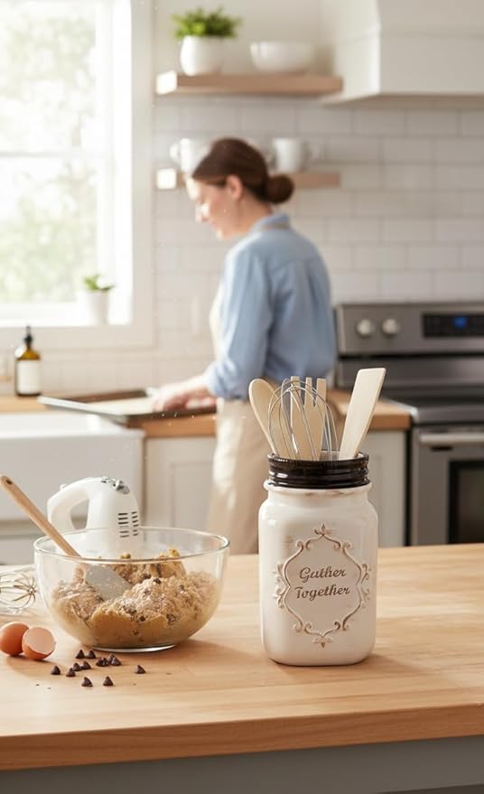 Young's Inc Farmhouse Ceramic Kitchen Tool Holder with Wooden Utensils, Decorative Gather Together Mason Jar Organizer for Kitchen Tools,10.5"
