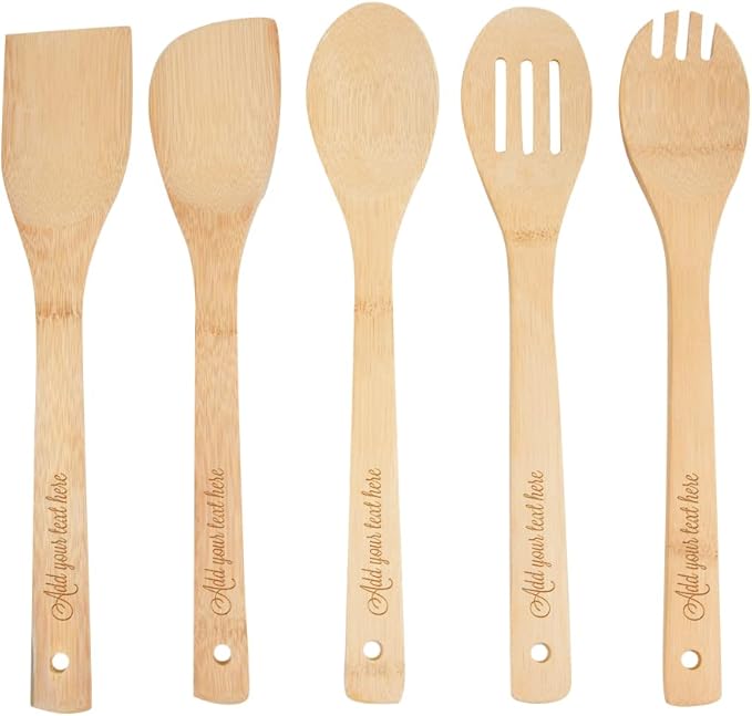 PrintSupremacy Custom Engraved Bamboo Cooking Spoons Set, Non Stick Wooden Kitchen Gadget Pan Cookware, Baking Gift for Housewarming Wedding Birthday, Chef Foodie Gift (Custom, 5 Pieces)