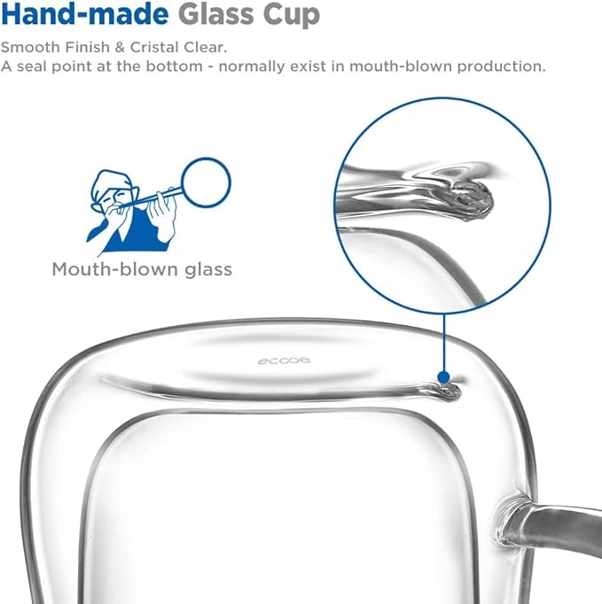 ecooe 12 oz Double Walled Glass Coffee Mug Latte Cappuccino Cups Set of 2, Clear Glass Coffee Cups with Handle, 350ml (full capacity) Coffee Cup Borosilicate Double Wall Glass Coffee Mug Tea Cups