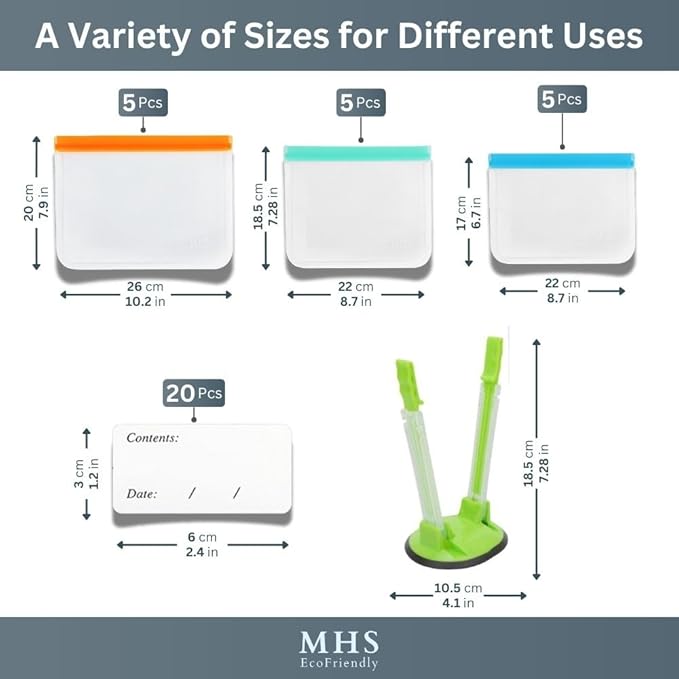MHSEcoFriendly® Meal Prep Storage Kit – 15 Reusable, Degradable Leakproof Freezer Bags, Baggy Rack & 20 Strong Labels | BPA-Free, Multipurpose Food Storage Solution