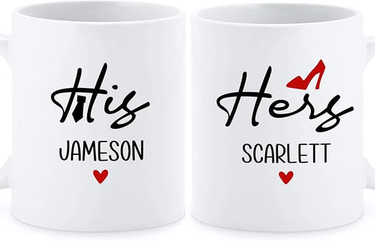 Customized Name Coffee Mug Cup, His And Hers Mugs Set Of 2, Personalized Couple Mug Design For Valentines Day Gift, Matching Mugs For Couples, Boyfriend And Girlfriend, White Cups 11oz Or 15oz