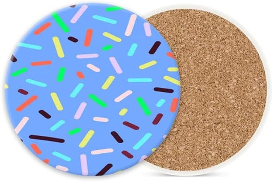 Ceramic Stone Coasters for Drinks Set of 1, Colorful Sprinkles on Blue Background Round Absorbent Cup Coasters Protection for Coffee Table Kitchen Counter Decor (4 * 4 Inch)