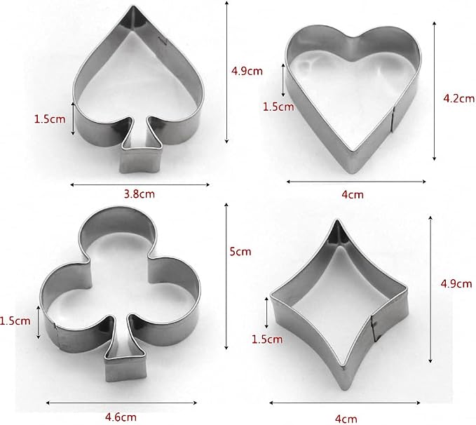 4Pcs/Set SMALL SIZE Casino Playing Cards Suit Stainless Steel Cookie Cutters Poker Playing Bridge Fondant Cutters Set Cake Decorating Tool (Spade, Heart, Club and Diamond)