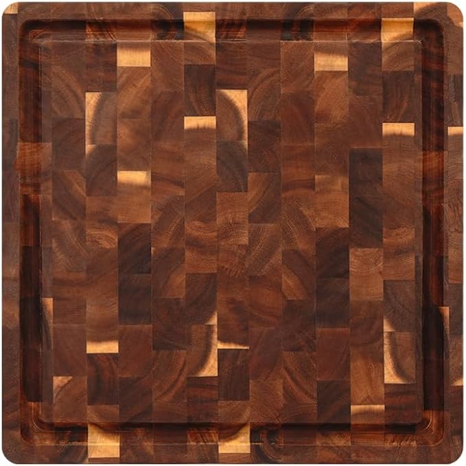 Medium 14" Square, 1.5" Thick Acacia End Grain Cutting Board, Wooden Chopping Board for Meat, Cheese and Charcuterie Board Built-in Handles with Juice Grooves, Durable, Easy Clean Kitchen Gift