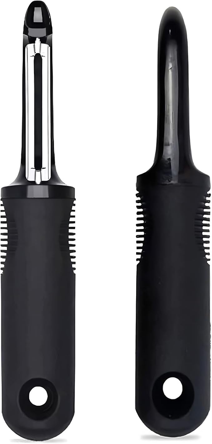 Swivel Vegetable Peeler with Non-Slip Ergonomic Handle,Rust-Proof Steel Blades,Built-in Potato Eye Remover,Plastic Blade Guard,Kitchen Peeler for Potato Carrot Apple Veggie Fruit (Black)