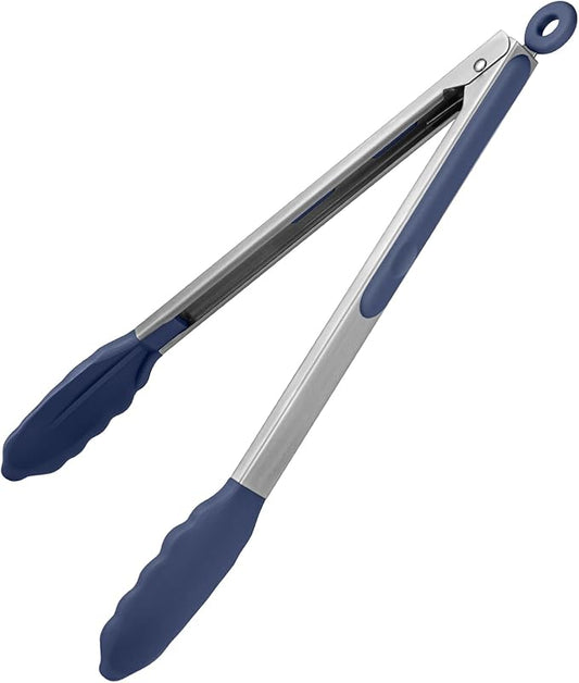 600ºF Heat Resistant Kitchen Tongs: U-Taste 12 inch Large Silicone Cooking Tong with Non Stick Rubber Tips & Silicon Coated 18/8 Stainless Steel Handle & Smooth Lock for Serving Grill (Midnight Blue)