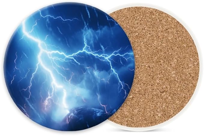 Ceramic Stone Cork Coasters for Drinks Tableware, Dark Blue Sky with Lightning Striking Earth Round Absorbent Durable Aesthetic Art Cup Mat Protects Tables and Surfaces Set of 1 (4 * 4 Inch)