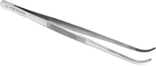 Professional Culinary Stainless Steel Precision Tongs with Serrated Tips, Plating/Food Presentation Detailing Serving Tongs, Chef's Kitchen Tweezer Tongs - Ultra Non-Slip Grip (8 Inch Curved)