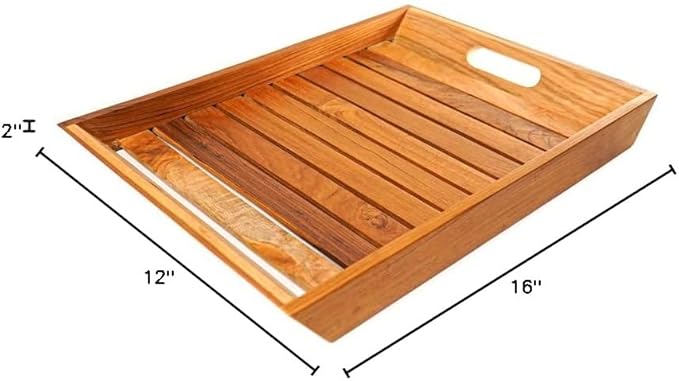 Rainforest Bowls 16"x12" Rectangular Javanese Teak Wood Serving Tray w/Handles- Ultra-Durable, Perfect for Breakfast in Bed, Coffee/Tea, etc- Luxury Custom Design Handcrafted by Indonesian Artisans
