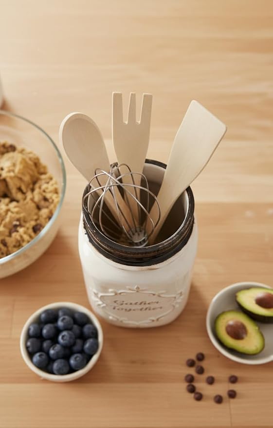 Young's Inc Farmhouse Ceramic Kitchen Tool Holder with Wooden Utensils, Decorative Gather Together Mason Jar Organizer for Kitchen Tools,10.5"