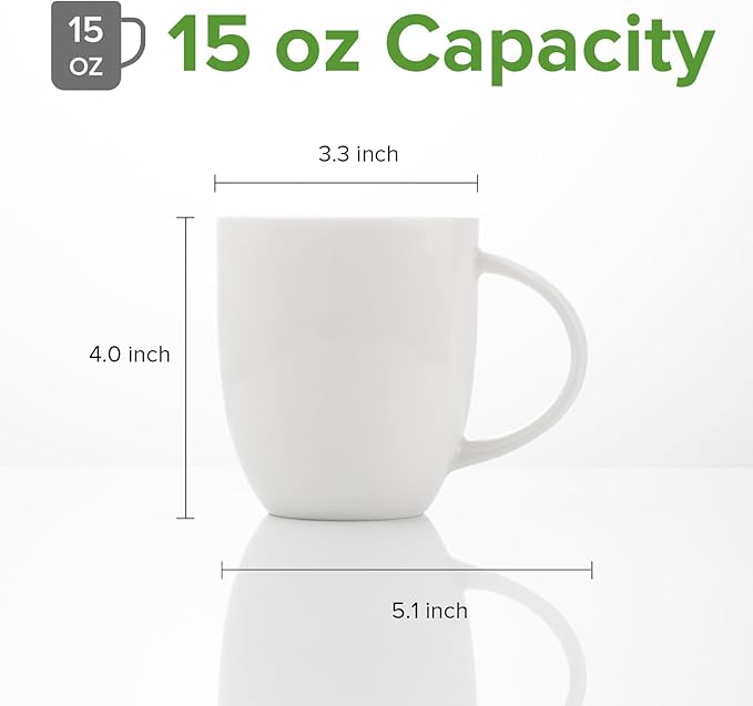 Fine Bone China Coffee Mugs, Tea Cups, 15 oz large Capacity, Set of 4, With light Weight and Thin Thickness Wall, Microwave & Dishwasher Safe, Milk White Fine Glaze, Christmas and Wedding Gift