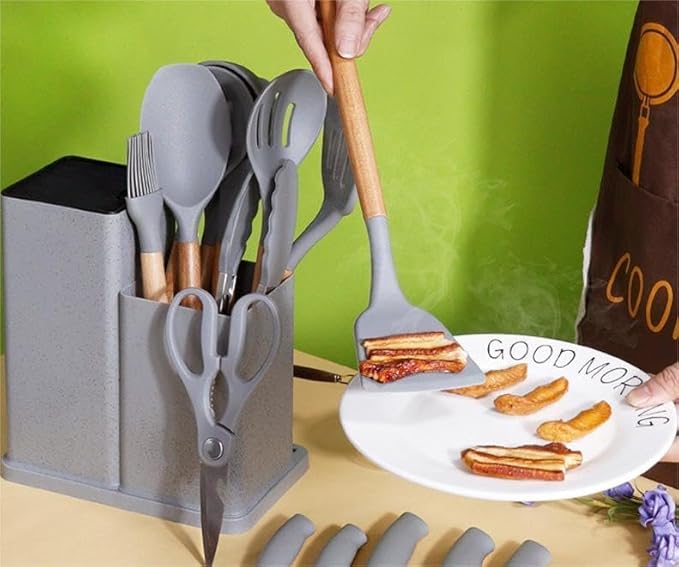 19-Piece Kitchen Utensil & Knife Block Set: 12 Non-Stick, Heat-Resistant Silicone Cooking Utensils (Spatula, Tongs, Ladle, Scissors) + 5 Sharp Kitchen Knives & Cutting Board (Gray)