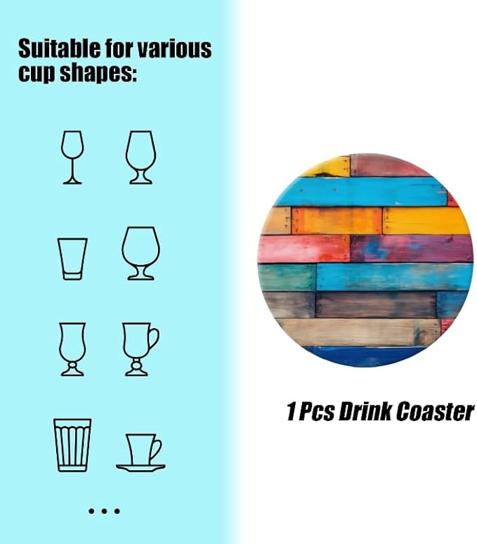 Ceramic Drink Coasters Absorbent Set of 1, Colorful Wood Wall Background with Wooden Slats Round Anti Slip Modern Cup Coasters for Desk Kitchen Office Housewarming Hostess Gifts (4 * 4 Inch)