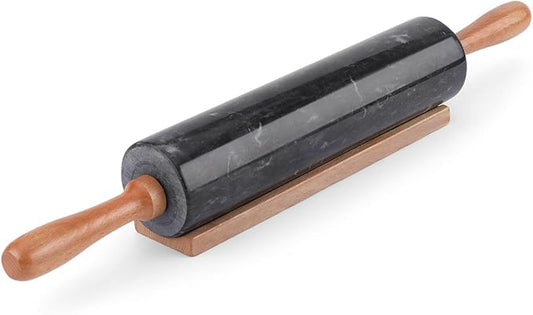 Flexzion Marble Rolling Pin Heavy Nonstick Stone Dough Roller - 10 Inch Polished Barrel with Wooden Handles & Cradle Stand for Baking Pastry Bread Pizza Cookies Pie Crust Pasta Tortillas (Black)