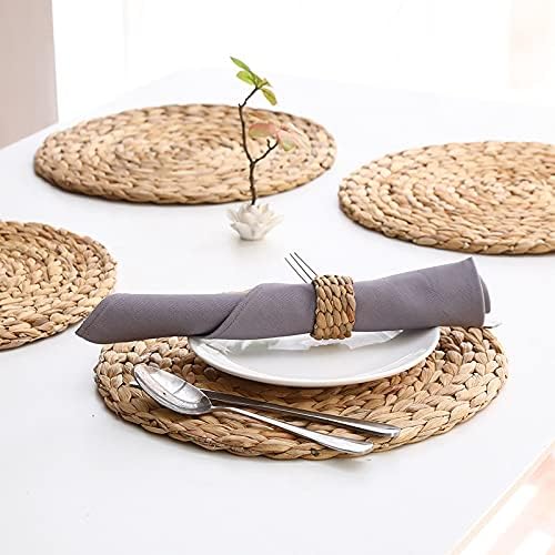 6 Pack 11.8" Woven Placemats, Natural Hand-Woven Water Hyacinth Placemats, Round Braided Rattan Tablemats for Dining Table, Large Weave Round Place Mats Heat Resistant Non-Slip Table Mats, 11.8 Inch