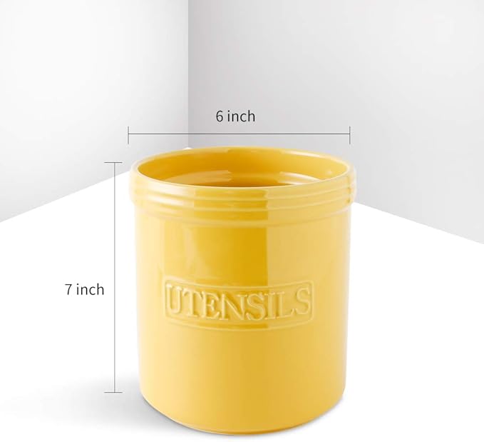 KOOV Cooking Utensil Holder, Large Ceramic Utensil Crock, Deep and Stable, Utensil Caddy for Countertop Letter Series (Yellow)